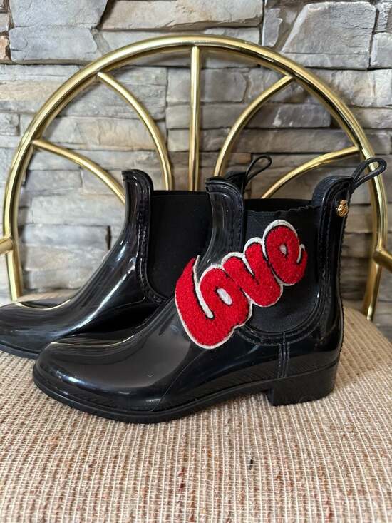 Lemon Jelly Shoes - Lemon Jelly Black Glossy Chelsea Rain Boots with LOVE Patch Size 37